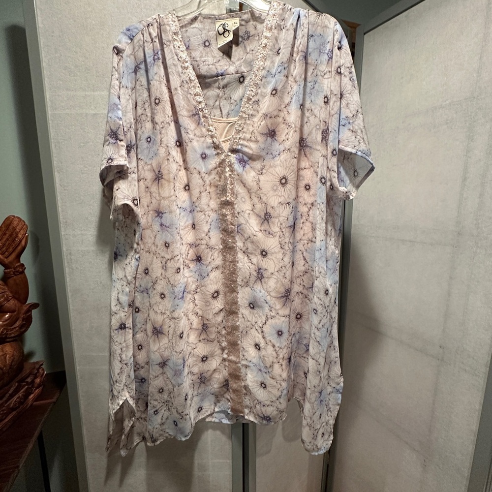 Floral V-Neck Women Top - Blue and Cream